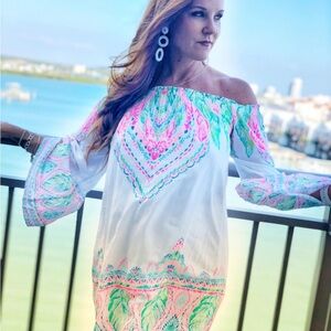 Lily Pulitzer Off-Shoulder Nevie White and Pink Dress Size Small